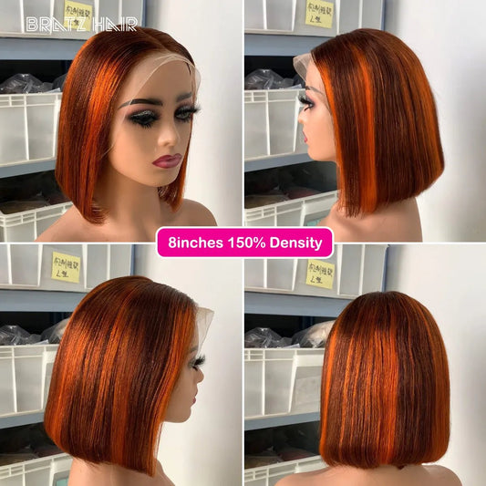 Short straight bob wig in vibrant orange color, 8 inches, 150% density, human hair, lace front, stylish and trendy.