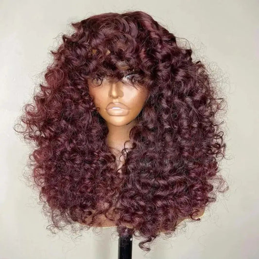 Perruque longue Kinky Curly 99J en bordeaux profond, 100% cheveux synthétiques, 180% de densité, avec frange.