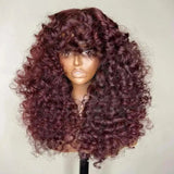 Perruque longue Kinky Curly 99J en bordeaux profond, 100% cheveux synthétiques, 180% de densité, avec frange.
