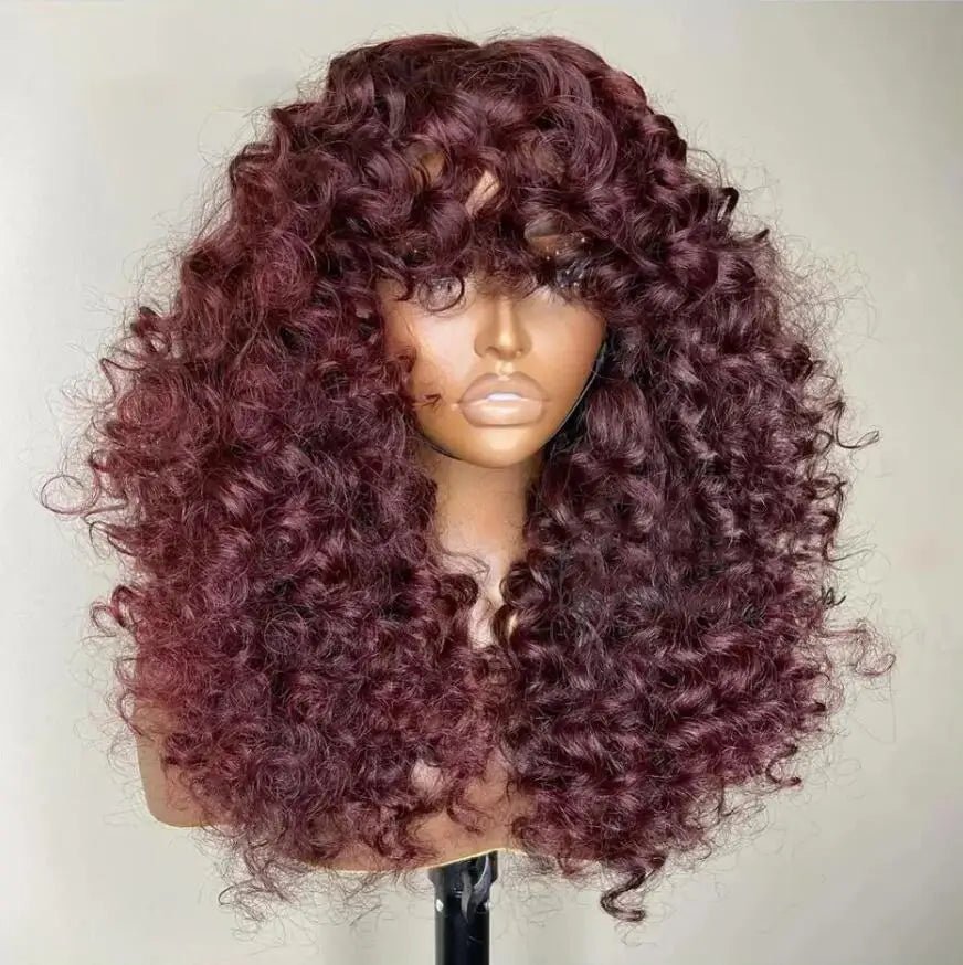 Perruque longue Kinky Curly 99J, frange, cheveux synthétiques résistant à la chaleur, densité 180%, volume naturel.