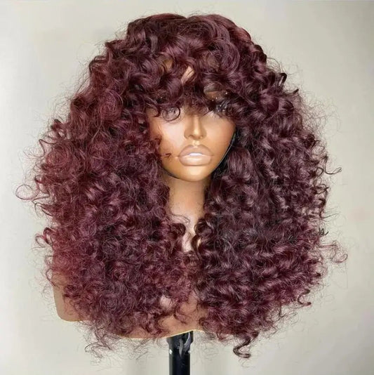 Perruque longue Kinky Curly 99J, frange, cheveux synthétiques résistant à la chaleur, densité 180%, volume naturel.