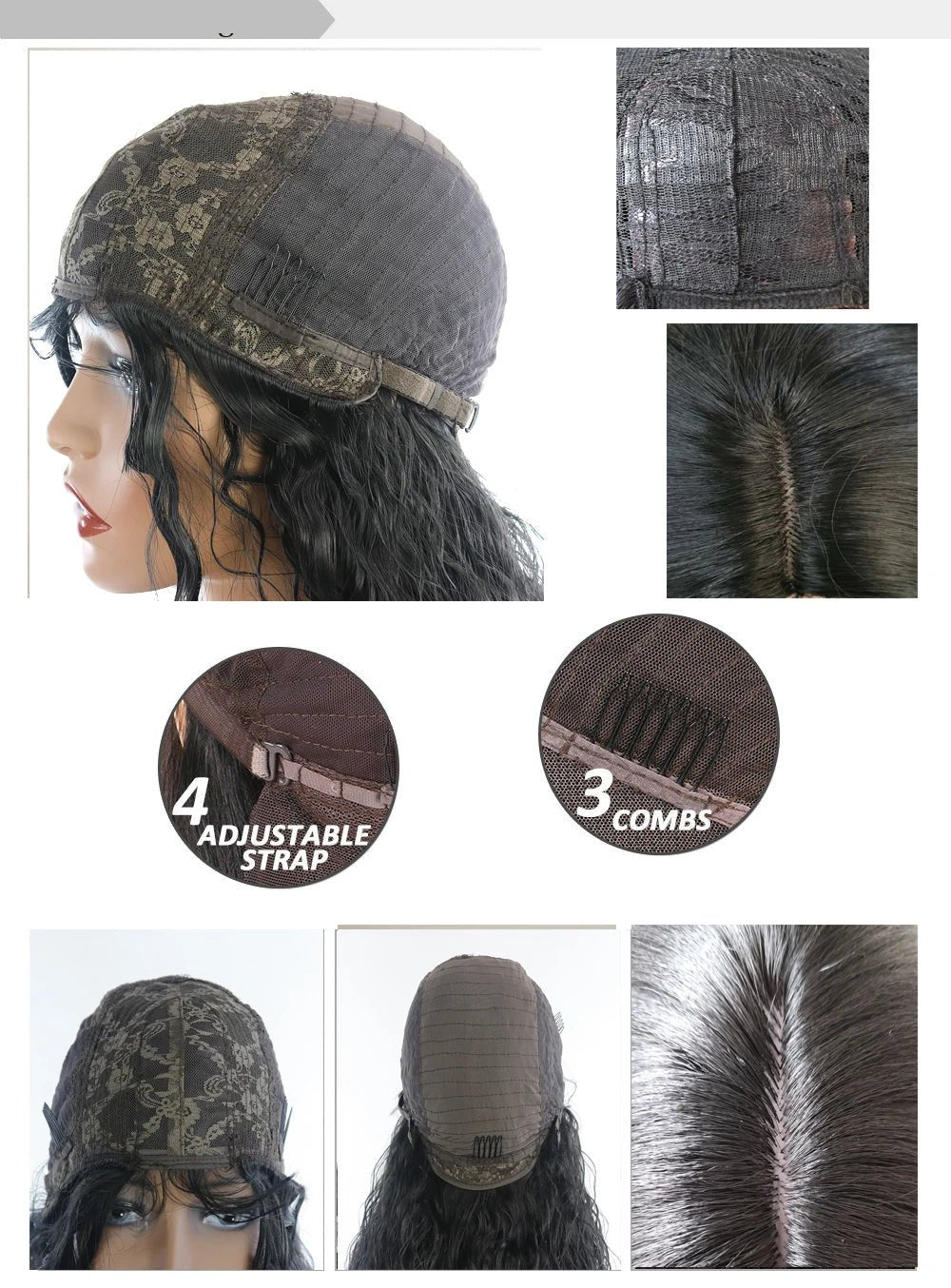 Perruque longue Kinky Curly 99J détail, présentant le capuchon avec 4 sangles ajustables et 3 peignes pour un maintien optimal.