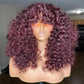 Perruque longue Kinky Curly 99J bordeaux, frange, 100% cheveux synthétiques, haute qualité, volume naturel, sans colle.