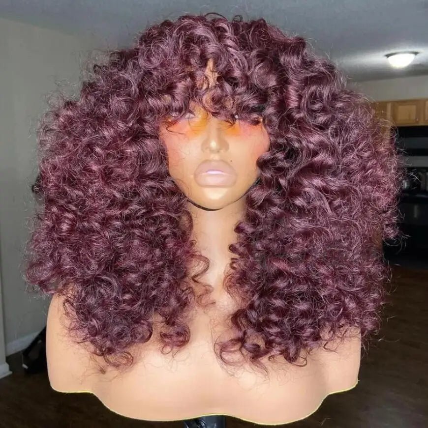 Perruque longue Kinky Curly 99J bordeaux, frange, 100% cheveux synthétiques, haute qualité, volume naturel, sans colle.