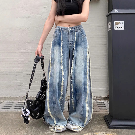 Retro High Waist Slimming Raw Edges Design Stitching Jeans.