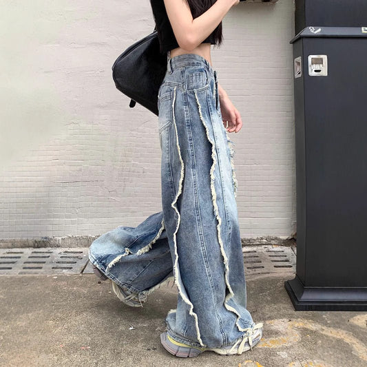 Retro High Waist Slimming Raw Edges Design Stitching Jeans.