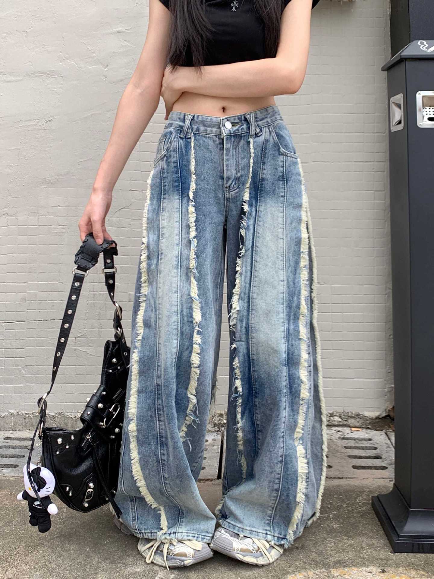 Retro High Waist Slimming Raw Edges Design Stitching Jeans.