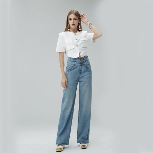 Retro Style High Waist Distressed Wide Leg Mop Pants Women.