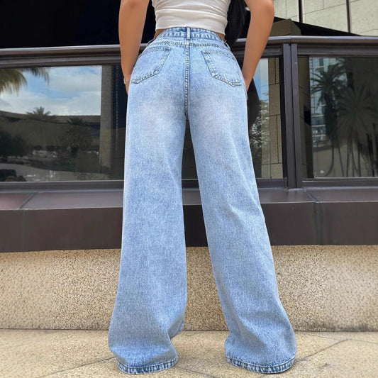Ripped Washed Jeans Loose Straight Wide Leg.