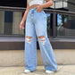 Ripped Washed Jeans Loose Straight Wide Leg.