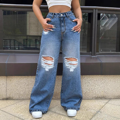 Ripped Washed Jeans Loose Straight Wide Leg.