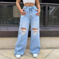 Ripped Washed Jeans Loose Straight Wide Leg.