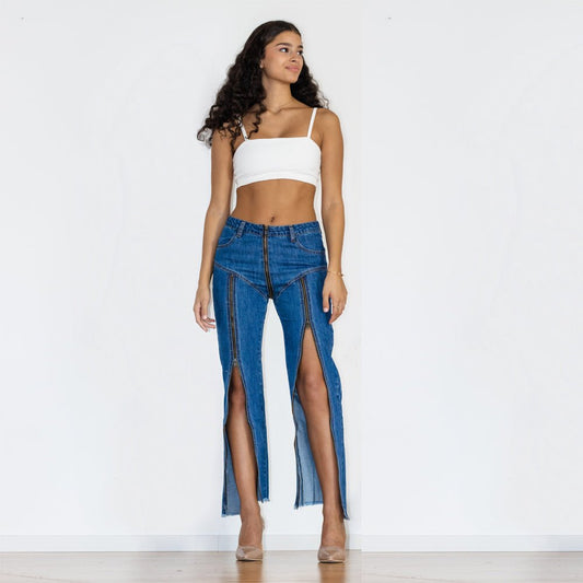 Shascullfites Melody Women Zipper Jeans Women Unique Dark Blue Denim Pants Hot Streetwear Party Club Dance Pants.