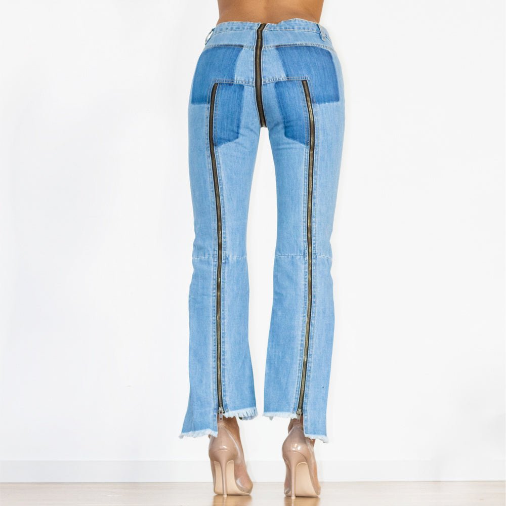 Shascullfites Women Split Straight Jeans Women Club Dancing Pants Light Blue Denim Pants Slim Fit Zipper Jeans.