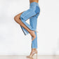 Shascullfites Women Split Straight Jeans Women Club Dancing Pants Light Blue Denim Pants Slim Fit Zipper Jeans.