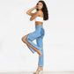 Shascullfites Women Split Straight Jeans Women Club Dancing Pants Light Blue Denim Pants Slim Fit Zipper Jeans.