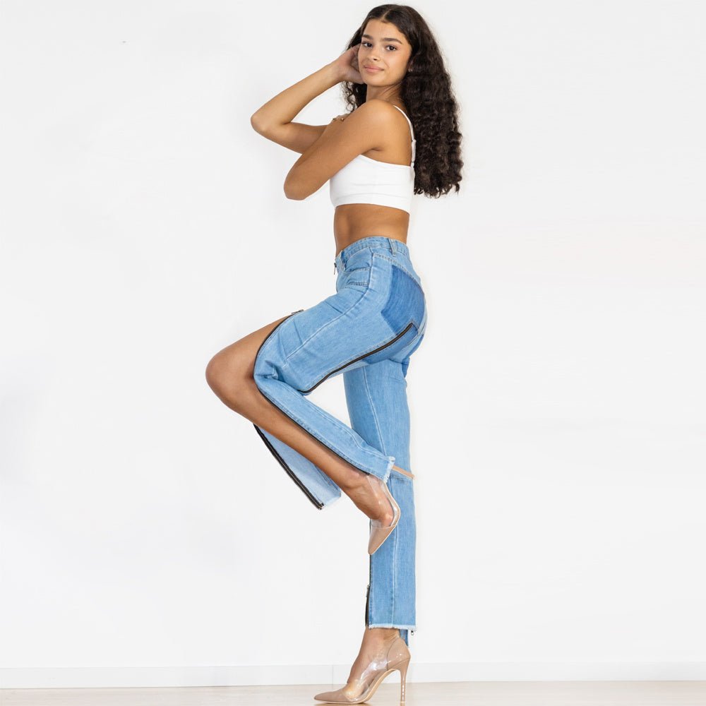 Shascullfites Women Split Straight Jeans Women Club Dancing Pants Light Blue Denim Pants Slim Fit Zipper Jeans.