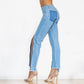 Shascullfites Women Split Straight Jeans Women Club Dancing Pants Light Blue Denim Pants Slim Fit Zipper Jeans.