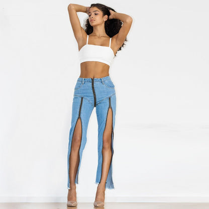 Shascullfites Women Split Straight Jeans Women Club Dancing Pants Light Blue Denim Pants Slim Fit Zipper Jeans.