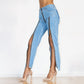 Shascullfites Women Split Straight Jeans Women Club Dancing Pants Light Blue Denim Pants Slim Fit Zipper Jeans.
