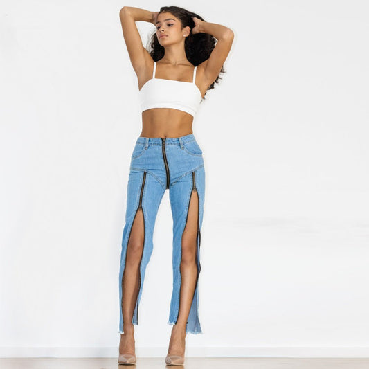 Shascullfites Women Split Straight Jeans Women Club Dancing Pants Light Blue Denim Pants Slim Fit Zipper Jeans.