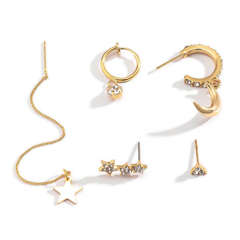 Simple Temperament Alloy Rhinestone Star Moon Earrings Women.