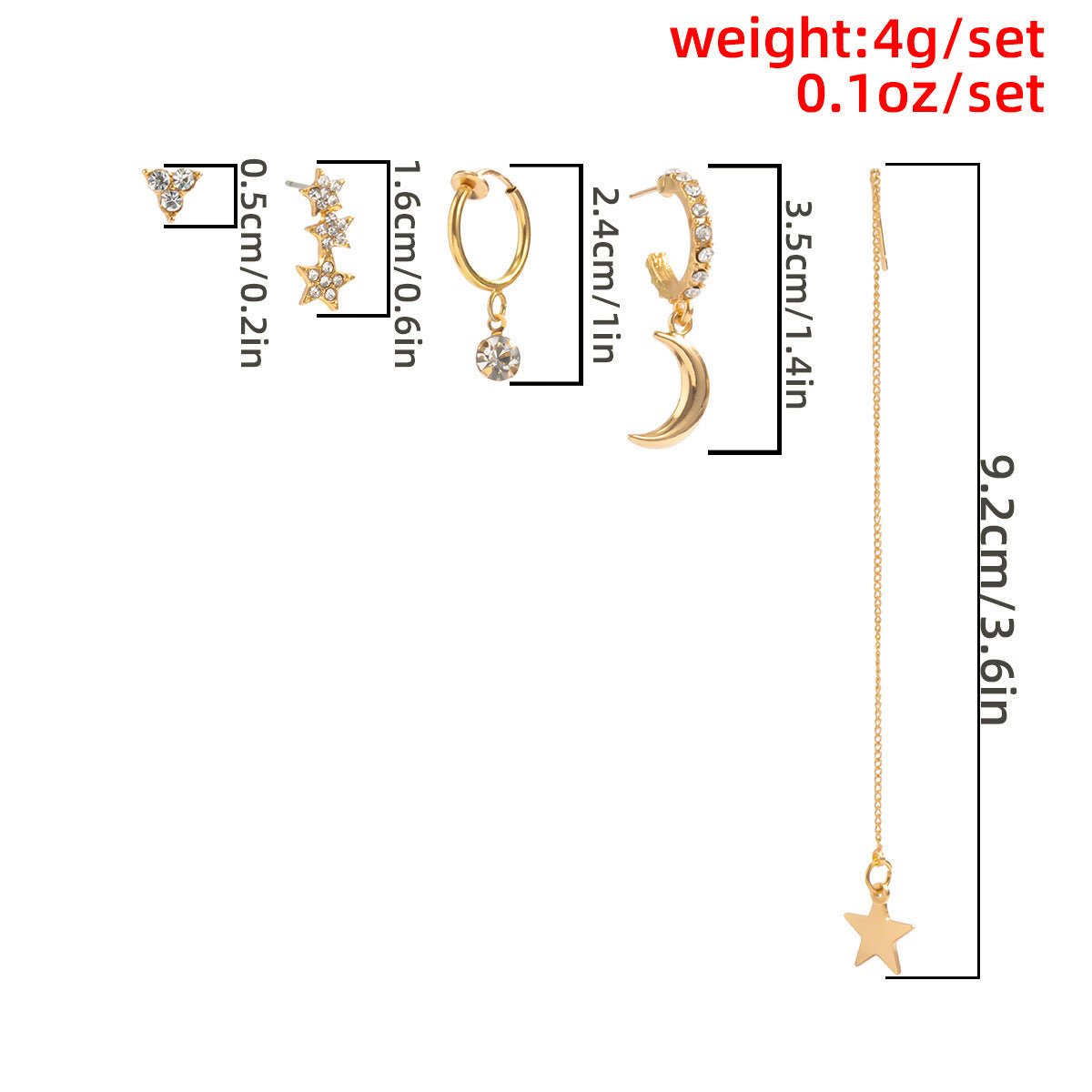 Simple Temperament Alloy Rhinestone Star Moon Earrings Women.