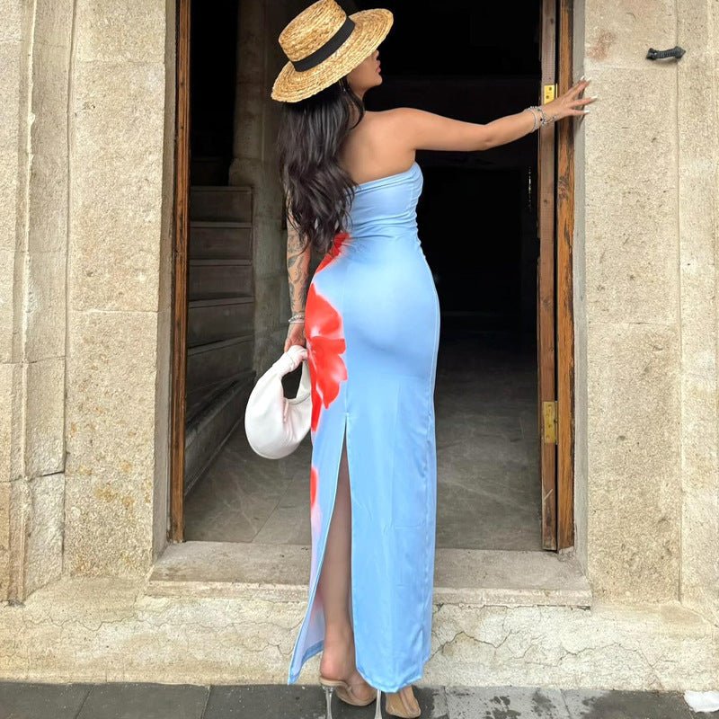 Slim Slit Tube Long Dress Summer Sexy Pint Party Beach Dresses Women's Clothing.