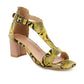 Snakeskin high-heeled chunky sandals.