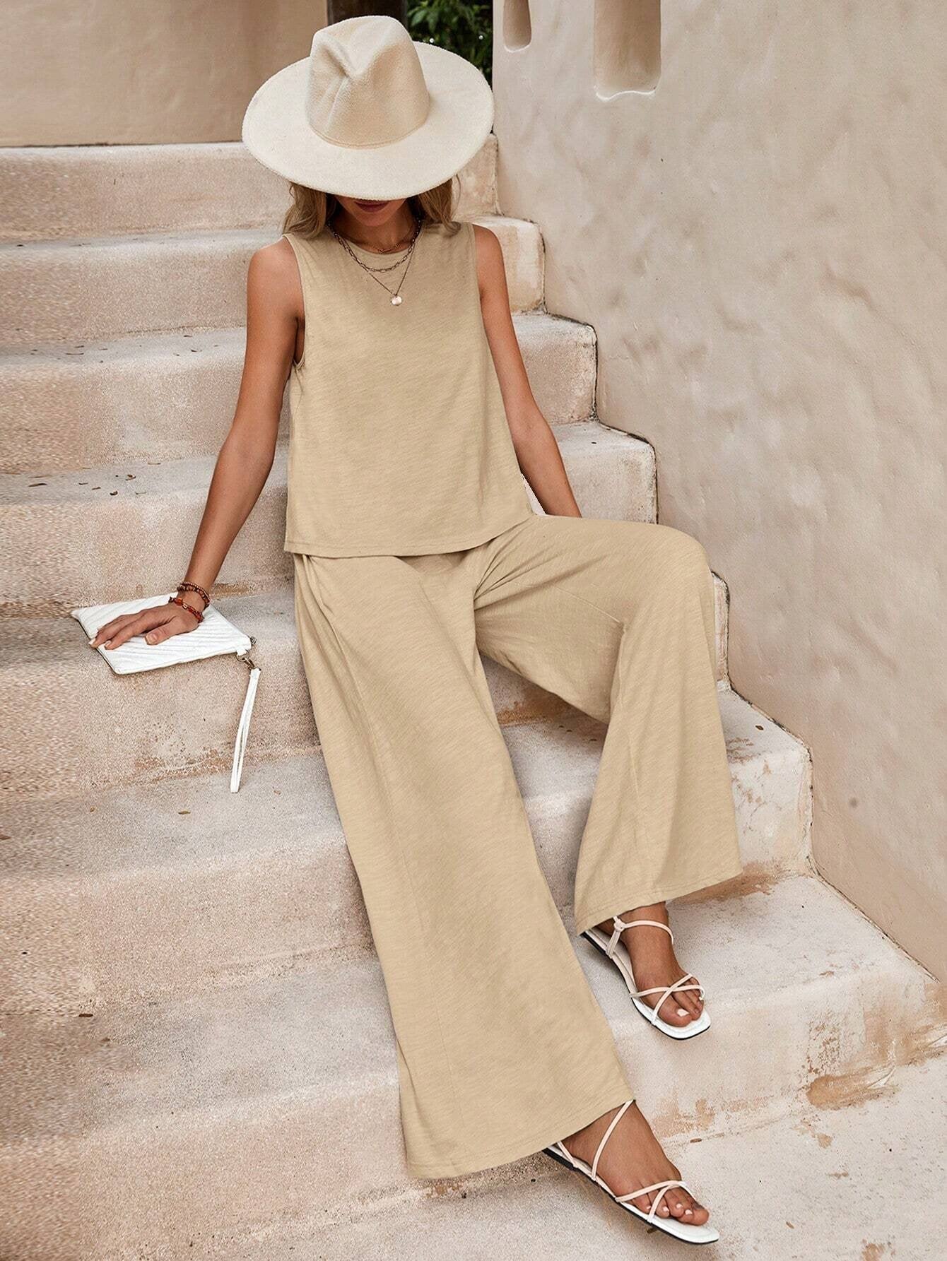 Solid Color Casual Loose Pants Sets For Women Elegant Spring Summer Women's Two Pieces Suit Full Trouser Set Female Outfit Clothes.