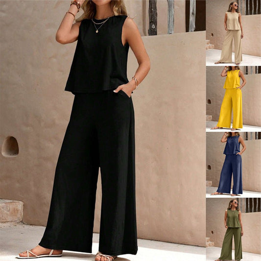 Solid Color Casual Loose Pants Sets For Women Elegant Spring Summer Women's Two Pieces Suit Full Trouser Set Female Outfit Clothes.