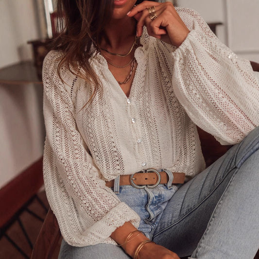 Solid Color Hollow Loose Long Sleeve Top.