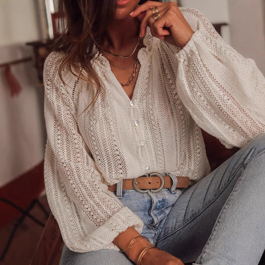 Solid Color Hollow Loose Long Sleeve Top.