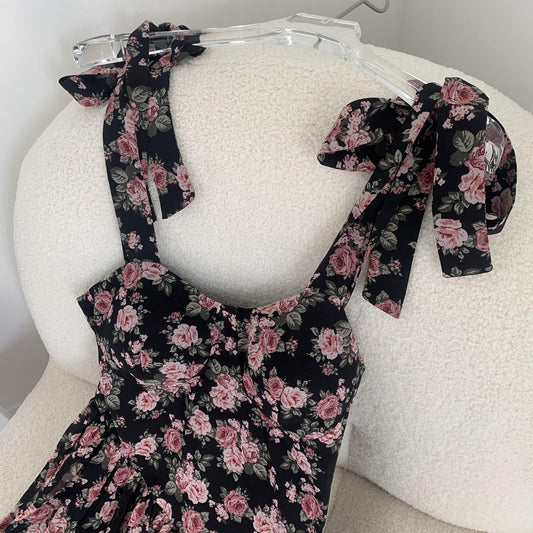 Spicy World Rich Flowers Summer Women's New Floral Bow Sling Dress.