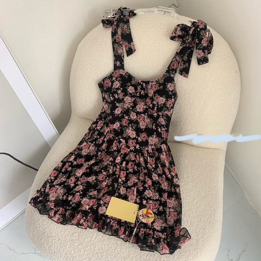 Spicy World Rich Flowers Summer Women's New Floral Bow Sling Dress.