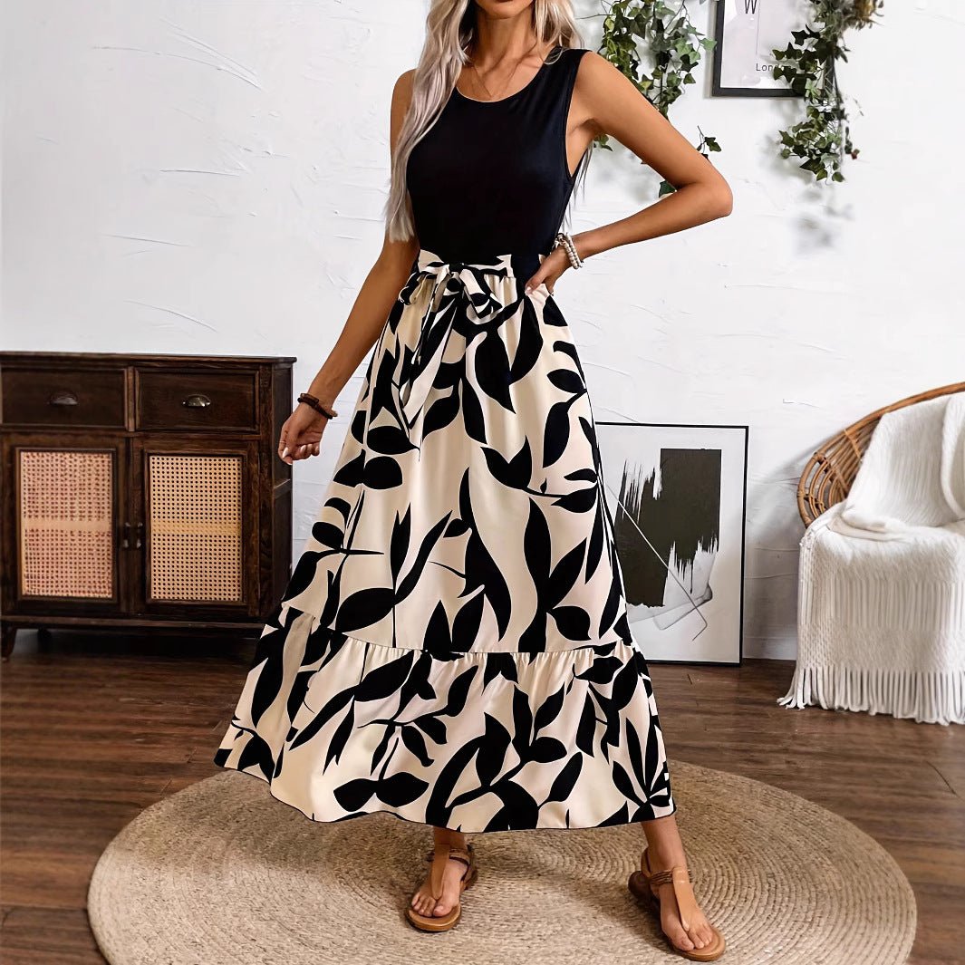 Spring And Summer Fashion Print Stitching Dress.
