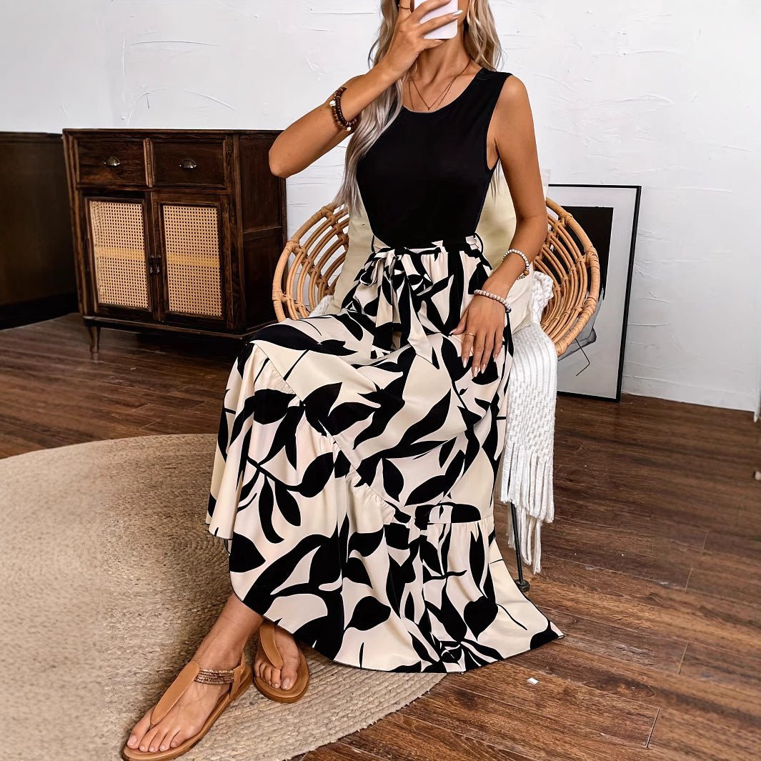 Spring And Summer Fashion Print Stitching Dress.