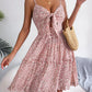 Spring And Summer Floral Bow V-neck Ruffled Large Swing Dress.