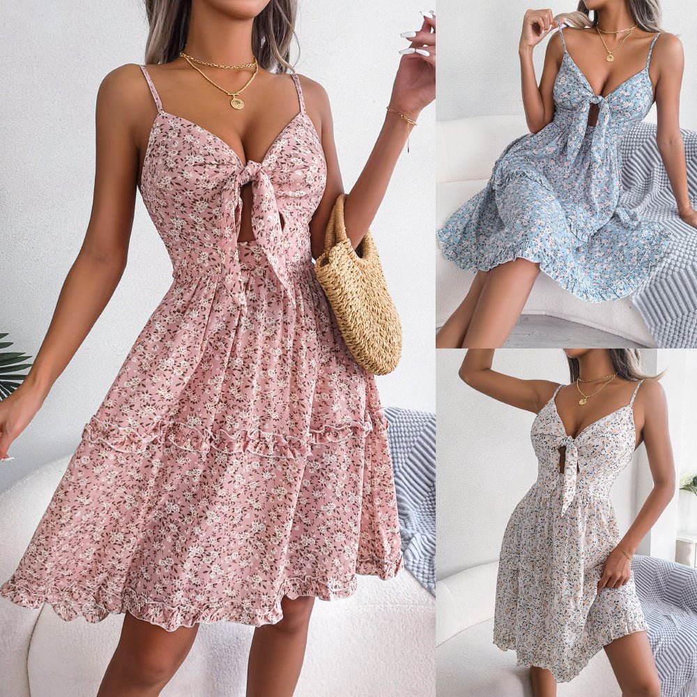 Spring And Summer Floral Bow V-neck Ruffled Large Swing Dress.
