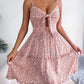 Spring And Summer Floral Bow V-neck Ruffled Large Swing Dress.