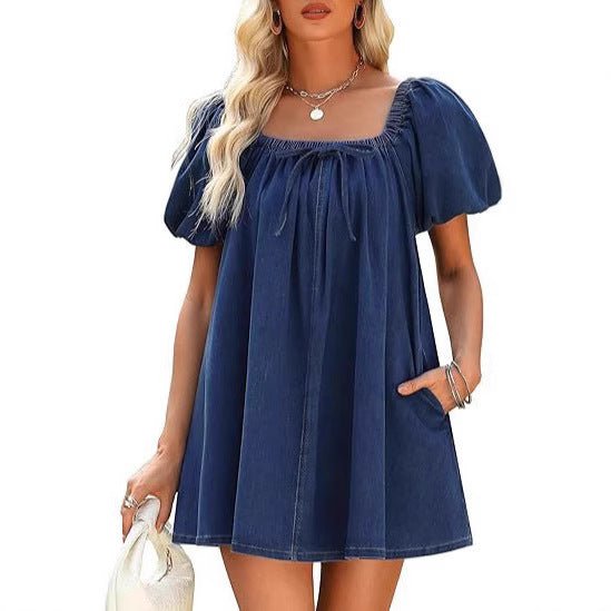 Square Collar Puff Sleeve Lace-up Elegant Denim Dress.