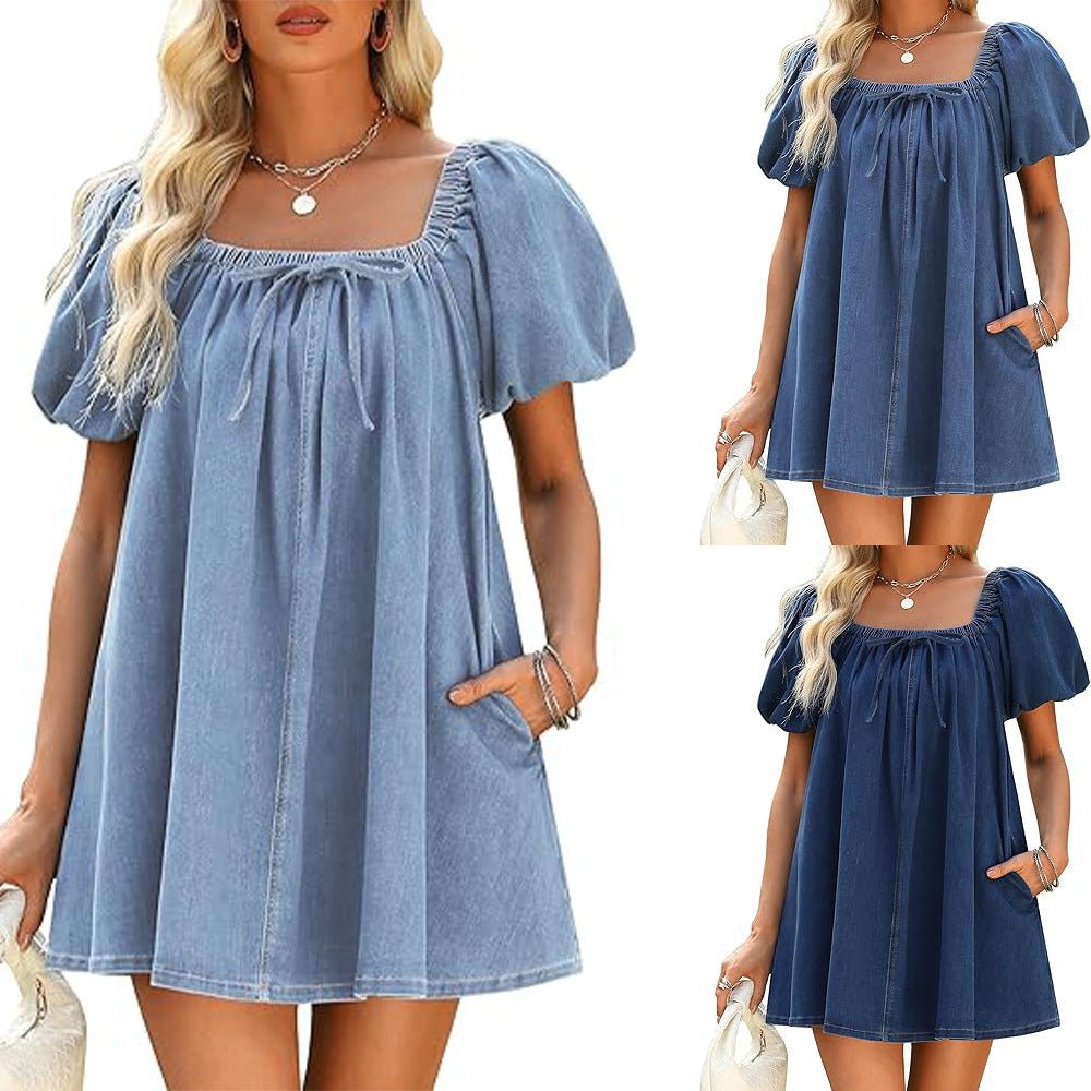 Square Collar Puff Sleeve Lace-up Elegant Denim Dress.