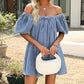 Square Collar Puff Sleeve Lace-up Elegant Denim Dress.