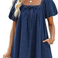 Square Collar Puff Sleeve Lace-up Elegant Denim Dress.