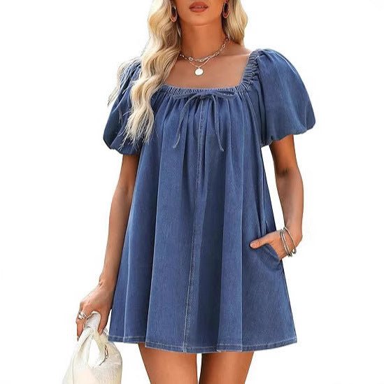 Square Collar Puff Sleeve Lace-up Elegant Denim Dress.