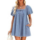 Square Collar Puff Sleeve Lace-up Elegant Denim Dress.