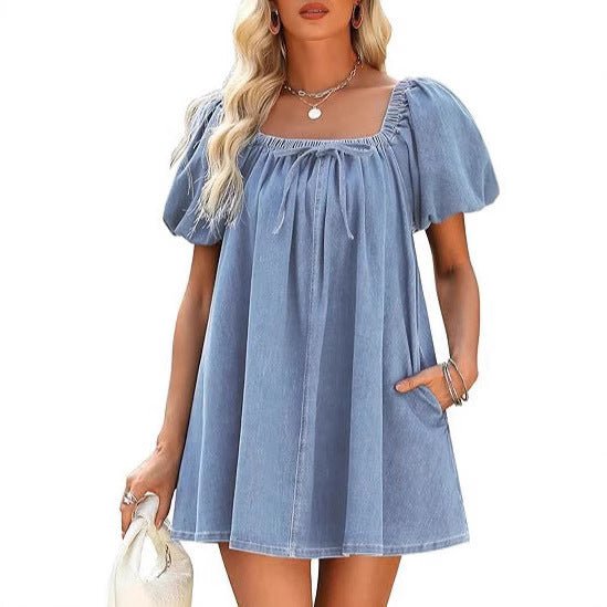 Square Collar Puff Sleeve Lace-up Elegant Denim Dress.