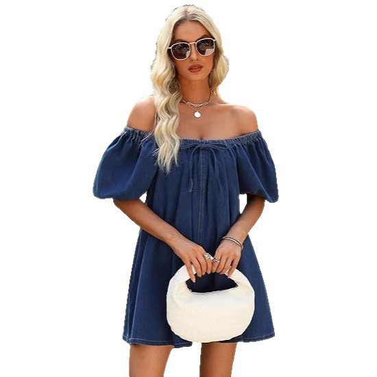 Square Collar Puff Sleeve Lace-up Elegant Denim Dress.