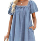 Square Collar Puff Sleeve Lace-up Elegant Denim Dress.
