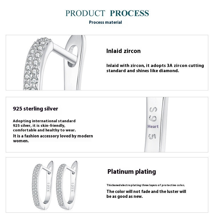 Sterling Silver S925 Simple Zircon Ear Clip White Gold Plated Smooth.